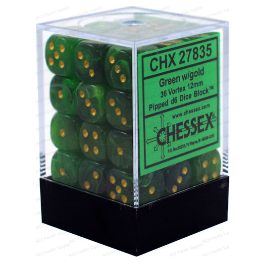 Chessex - Signature - 12mm d6 with pips Dice Blocks (36 Dice) - Vortex Green w/gold