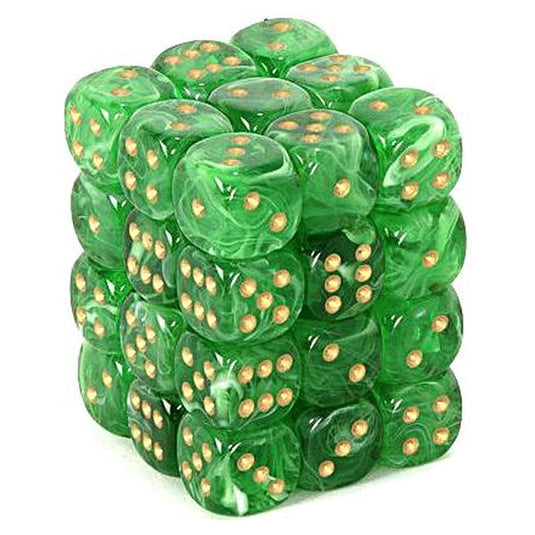 Chessex - Signature - 12mm d6 with pips Dice Blocks (36 Dice) - Vortex Green w/gold