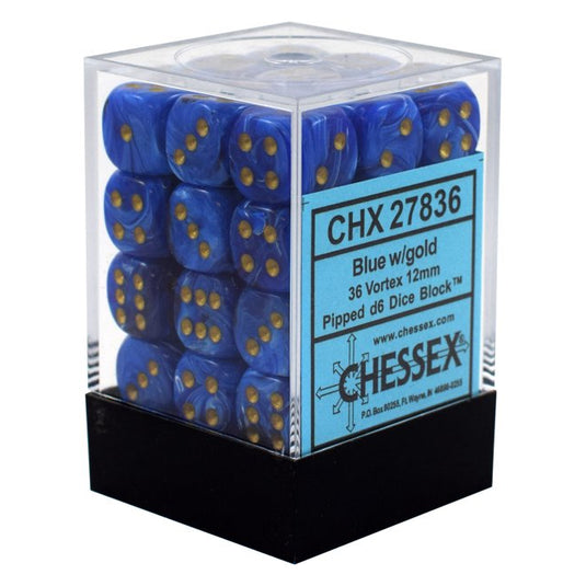 Chessex - Signature - 12mm d6 with pips Dice Blocks (36 Dice) - Vortex Blue w/gold