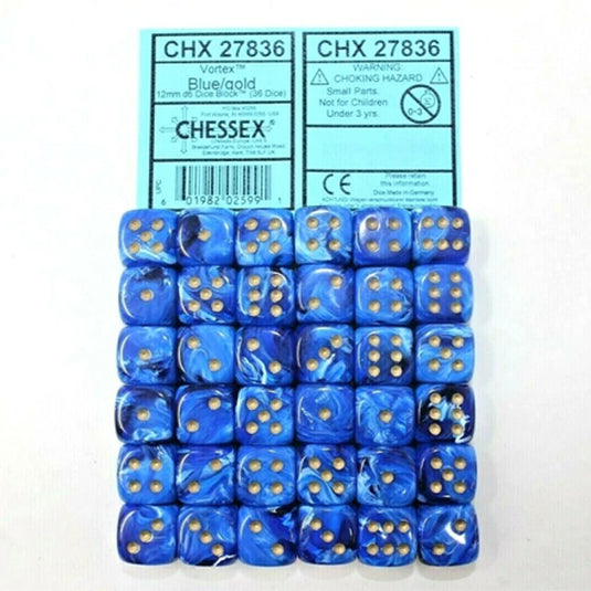 Chessex - Signature - 12mm d6 with pips Dice Blocks (36 Dice) - Vortex Blue w/gold