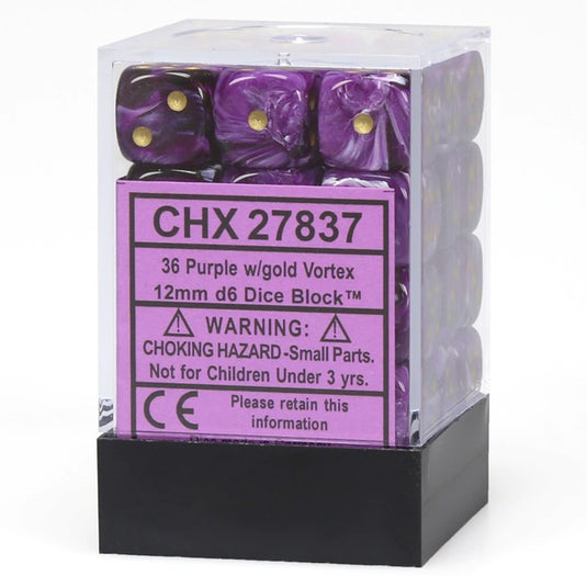 Chessex - Signature - 12mm d6 with pips Dice Blocks (36 Dice) -  Vortex Purple w/gold