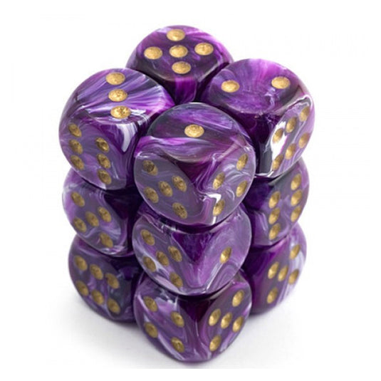 Chessex - Signature - 12mm d6 with pips Dice Blocks (36 Dice) -  Vortex Purple w/gold