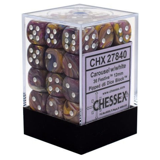 Chessex - Signature - 12mm d6 with pips Dice Blocks (36 Dice) -  Festive Carousel w/white