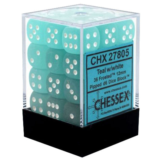 Chessex - Signature - 12mm d6 with pips Dice Blocks (36 Dice) - Frosted Teal w/white