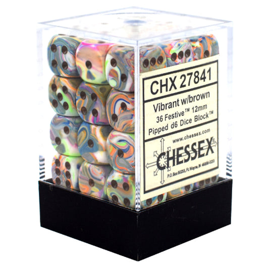 Chessex - Signature - 12mm d6 with pips Dice Blocks (36 Dice) -  Festive Vibrant w/brown