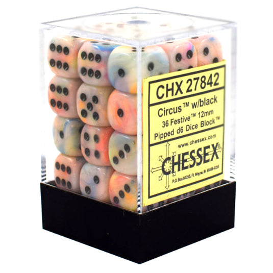 Chessex - Signature - 12mm d6 with pips Dice Blocks (36 Dice) -  Festive Circus w/black