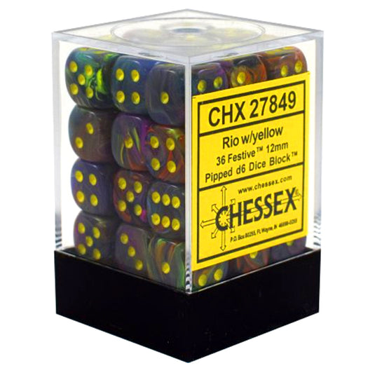 Chessex - Signature - 12mm d6 with pips Dice Blocks (36 Dice) -  Festive Rio w/yellow