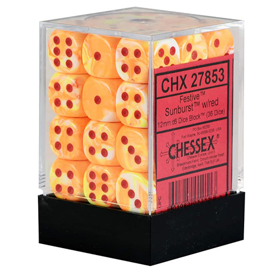 Chessex - Signature - 12mm d6 with pips Dice Blocks (36 Dice) -  Festive Sunburst w/red