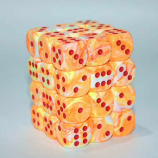 Chessex - Signature - 12mm d6 with pips Dice Blocks (36 Dice) -  Festive Sunburst w/red