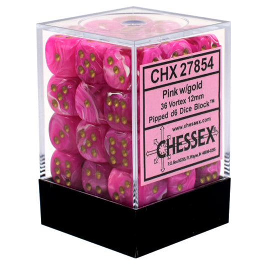 Chessex - Signature - 12mm d6 with pips Dice Blocks (36 Dice) -  Vortex Pink w/gold