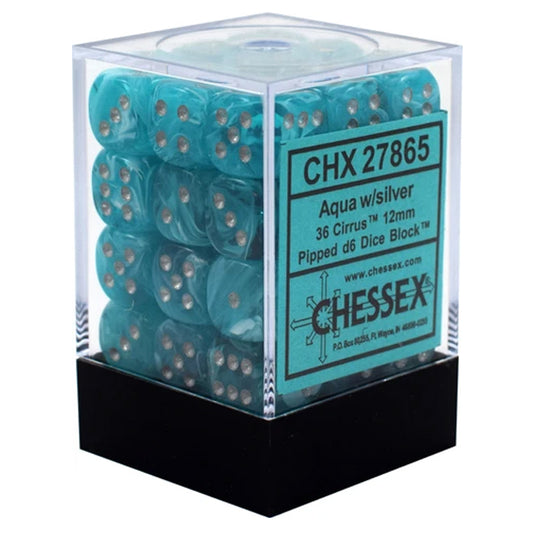 Chessex - Signature - 12mm d6 with pips Dice Blocks (36 Dice) -  Cirrus Aqua w/silver