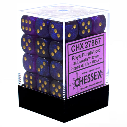 Chessex - Signature - 12mm d6 with pips Dice Blocks (36 Dice) -  Borealis Royal Purple w/gold