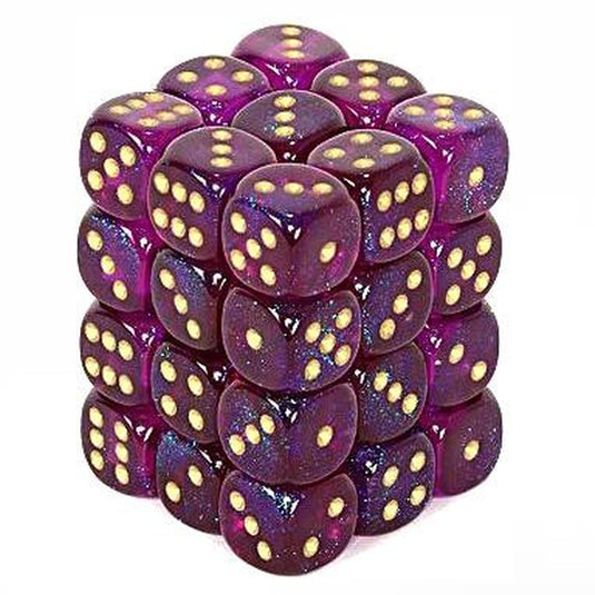 Chessex - Signature - 12mm d6 with pips Dice Blocks (36 Dice) -  Borealis Royal Purple w/gold