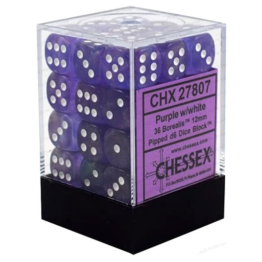 Chessex - Signature - 12mm d6 with pips Dice Blocks (36 Dice) - Borealis Purple w/white