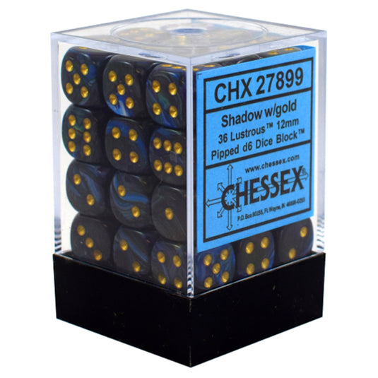 Chessex - Signature - 12mm d6 with pips Dice Blocks (36 Dice) - Lustrous Shadow w/gold