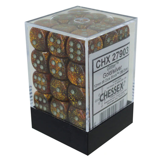 Chessex - Signature - 12mm d6 with pips Dice Blocks (36 Dice) - Glitter Polyhedral Gold/silver