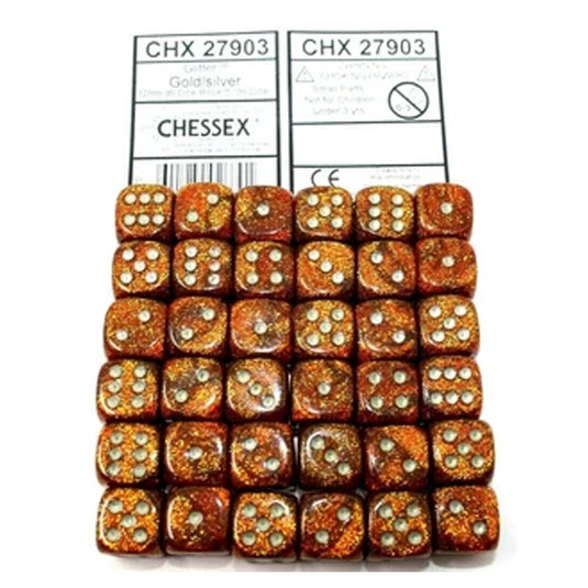 Chessex - Signature - 12mm d6 with pips Dice Blocks (36 Dice) - Glitter Polyhedral Gold/silver