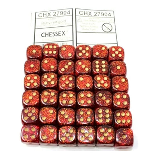 Chessex - Signature - 12mm d6 with pips Dice Blocks (36 Dice) - Glitter Polyhedral Ruby/gold