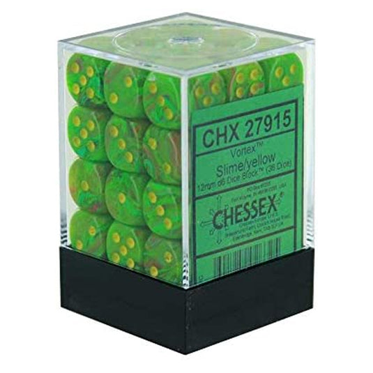 Chessex - Signature - 12mm d6 with pips Dice Blocks (36 Dice) - Vortex Slime/yellow