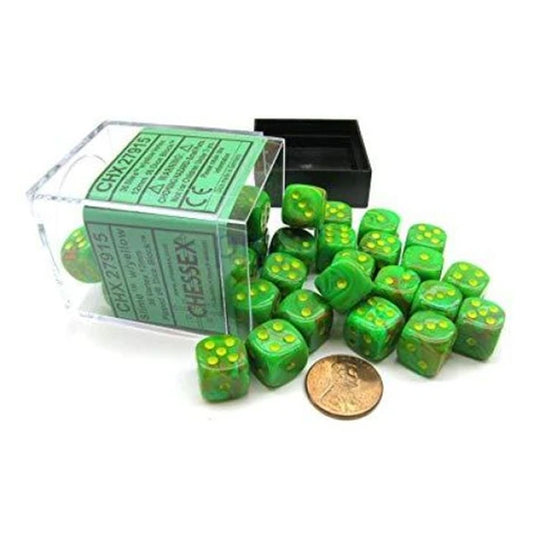 Chessex - Signature - 12mm d6 with pips Dice Blocks (36 Dice) - Vortex Slime/yellow