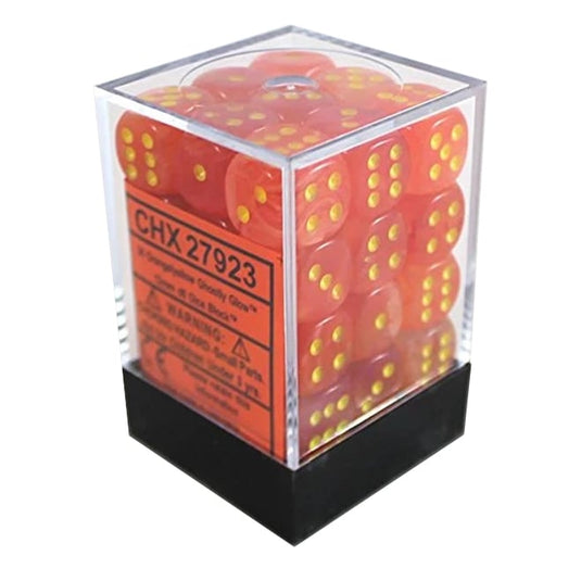 Chessex - Signature - 12mm d6 with pips Dice Blocks (36 Dice) - Ghostly Glow Orange/yellow