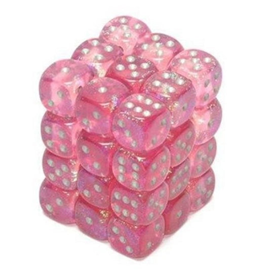 Chessex - Signature - 12mm d6 with pips Dice Blocks (36 Dice) - Borealis Pink w/silver