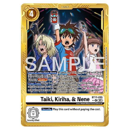 Taiki, Kiriha, & Nene (Gold Border) BT11-095a card from the Digimon set AD01 - Digimon Generation