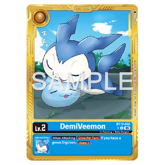 DemiVeemon (Gold Border) BT12-002a card from the Digimon set AD01 - Digimon Generation