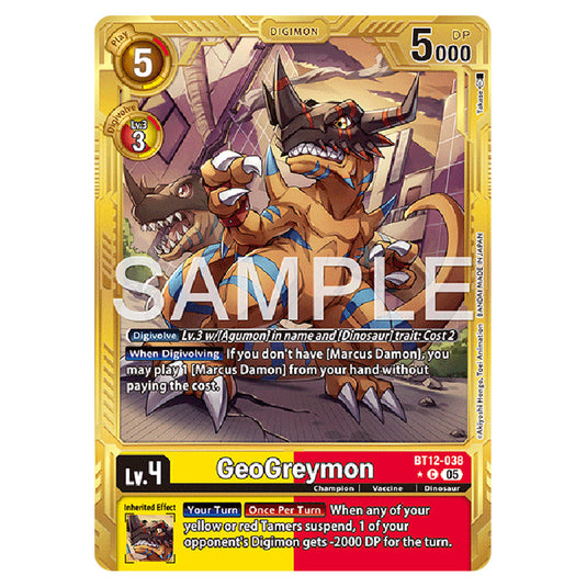 GeoGreymon (Gold Border) BT12-038a card from the Digimon set AD01 - Digimon Generation