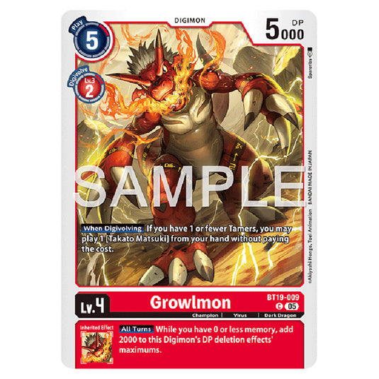 Growlmon BT19-009 card from the Digimon set AD01 - Digimon Generation