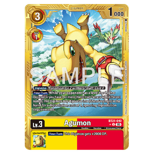 Agumon (Gold Border) BT21-040a card from the Digimon set AD01 - Digimon Generation