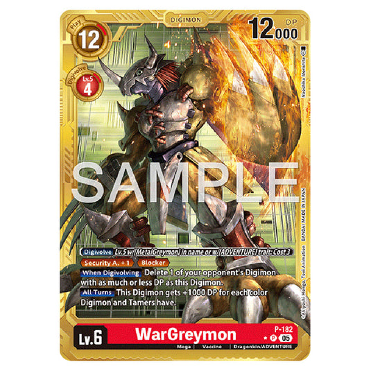 WarGreymon (Gold Border) P-182a card from the Digimon set AD01 - Digimon Generation