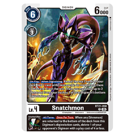 Snatchmon BT21-058 card from the Digimon set World Convergence