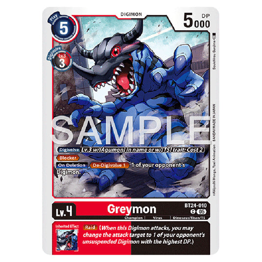 Greymon BT24-010 card from the Digimon set BT-24: Time Stranger