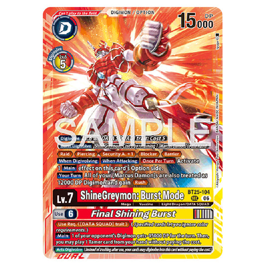 ShineGreymon: Burst Mode BT25-104 card from the Digimon set BT-25: Dual Revolution