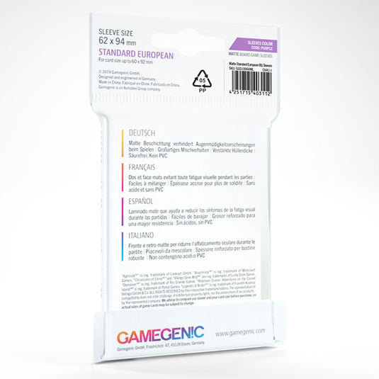 Gamegenic - MATTE Standard European-Sized Sleeves 62 x 94 mm - Clear (50 Sleeves)