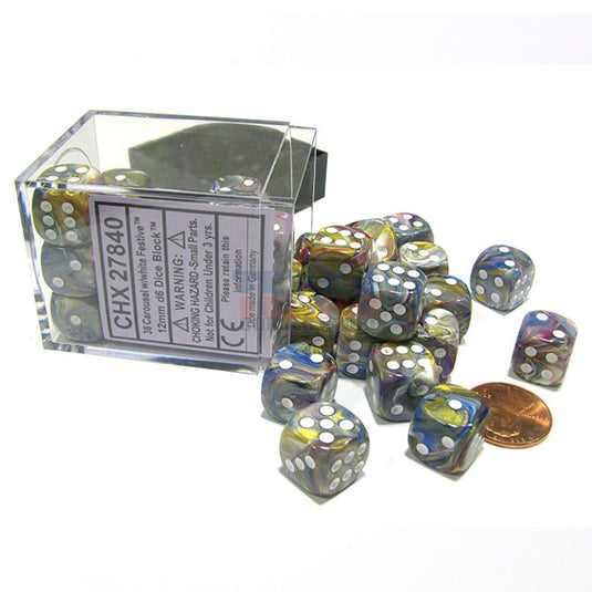 Chessex - Signature - 16mm D6 W/ Pips Blocks (12 Dice) - Festive Carousel w/White