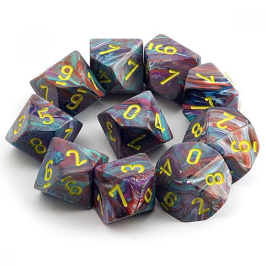 Chessex - Signature - 16mm Polyhedral D10 10-Dice Set - Festive Mosaic with Yellow