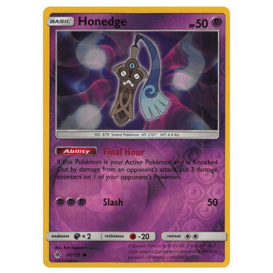 Pokemon - Sun & Moon - Forbidden Light - Honedge (Reverse Holo) - 46/131