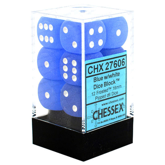Chessex - Signature - 16mm D6 W/ Pips Blocks (12 Dice) - Frosted Blue w/White