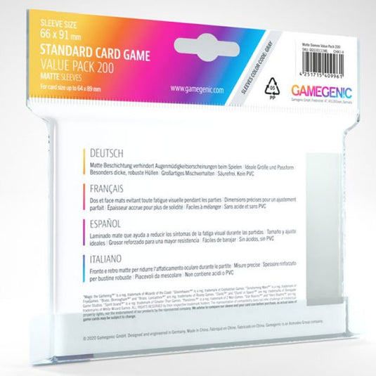 Gamegenic - Value Pack Standard Matte Sleeves - Clear (200 Sleeves)