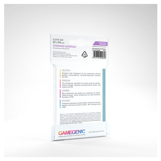 Gamegenic - PRIME Standard European-Sized Sleeves 62 x 94 mm- Clear (50 Sleeves)