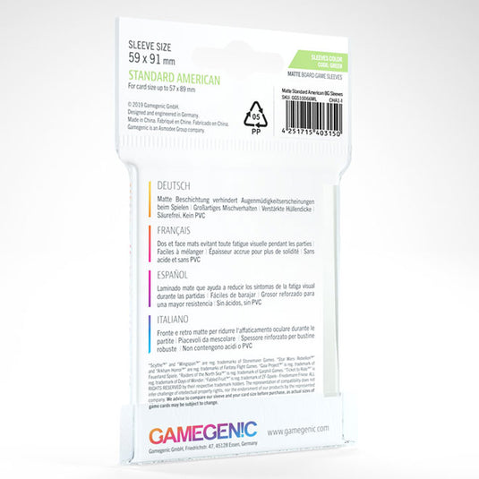 Gamegenic - MATTE Standard American-Sized Board game Sleeves 59 x 91 mm - Clear (50 Sleeves)