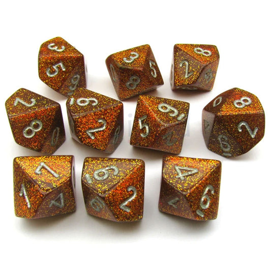 Chessex - Signature - 16mm Polyhedral D10 10-Dice Set - Glitter Polyhedral Gold with Silver