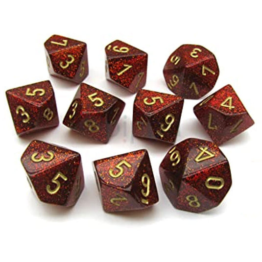 Chessex - Signature - 16mm Polyhedral D10 10-Dice Set - Glitter Polyhedral Ruby with Gold