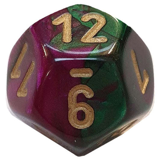 Chessex - Gemini 16mm D12 - Green-Purple w/Gold