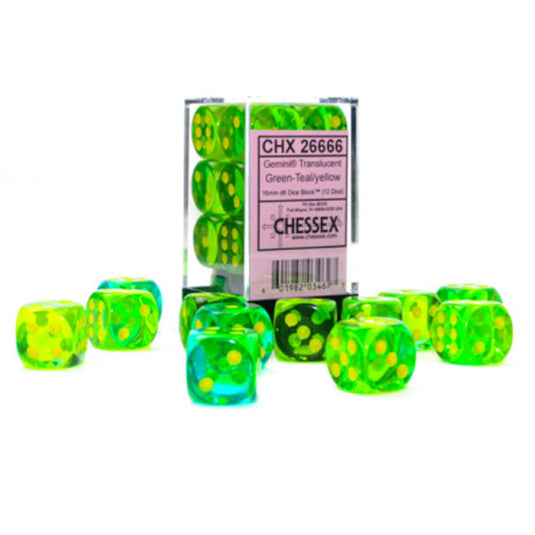 Chessex - Gemini - 16mm d6 - Translucent Green-Teal/yellow - Luminary Dice Block (12 Dice)