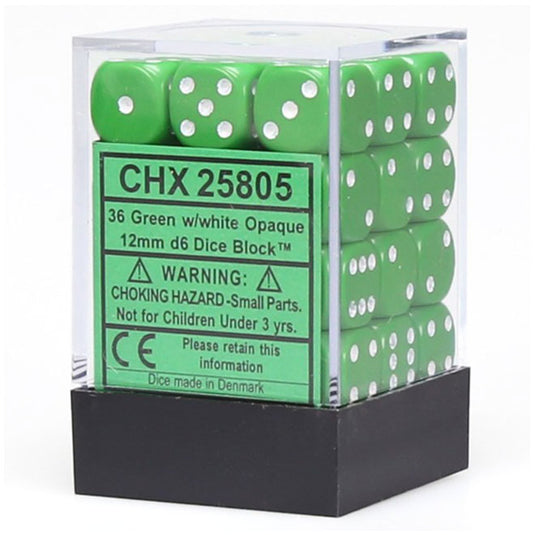 Chessex - Opaque 12mm D6 w/pips 36-Dice Blocks - Green w/white