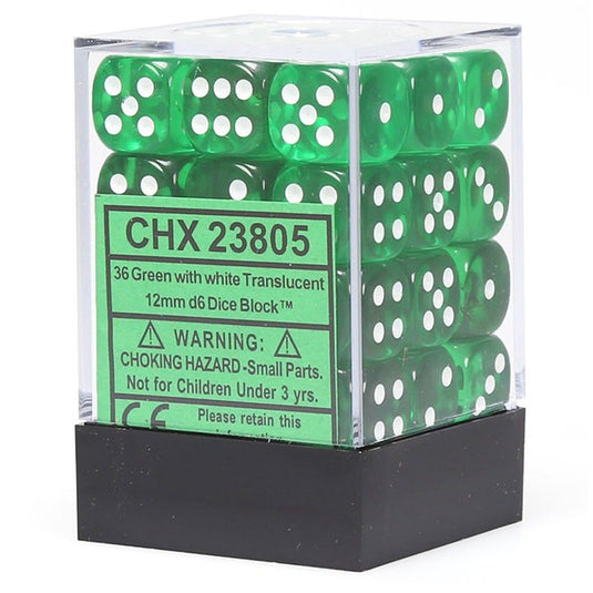 Chessex - Translucent 12mm D6 w/pips 36-Dice Blocks - Green w/white