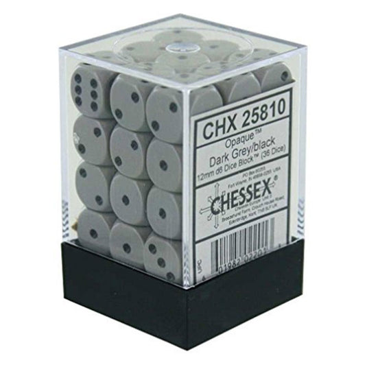 Chessex - Opaque 12mm D6 w/pips 36-Dice Blocks - Grey w/black